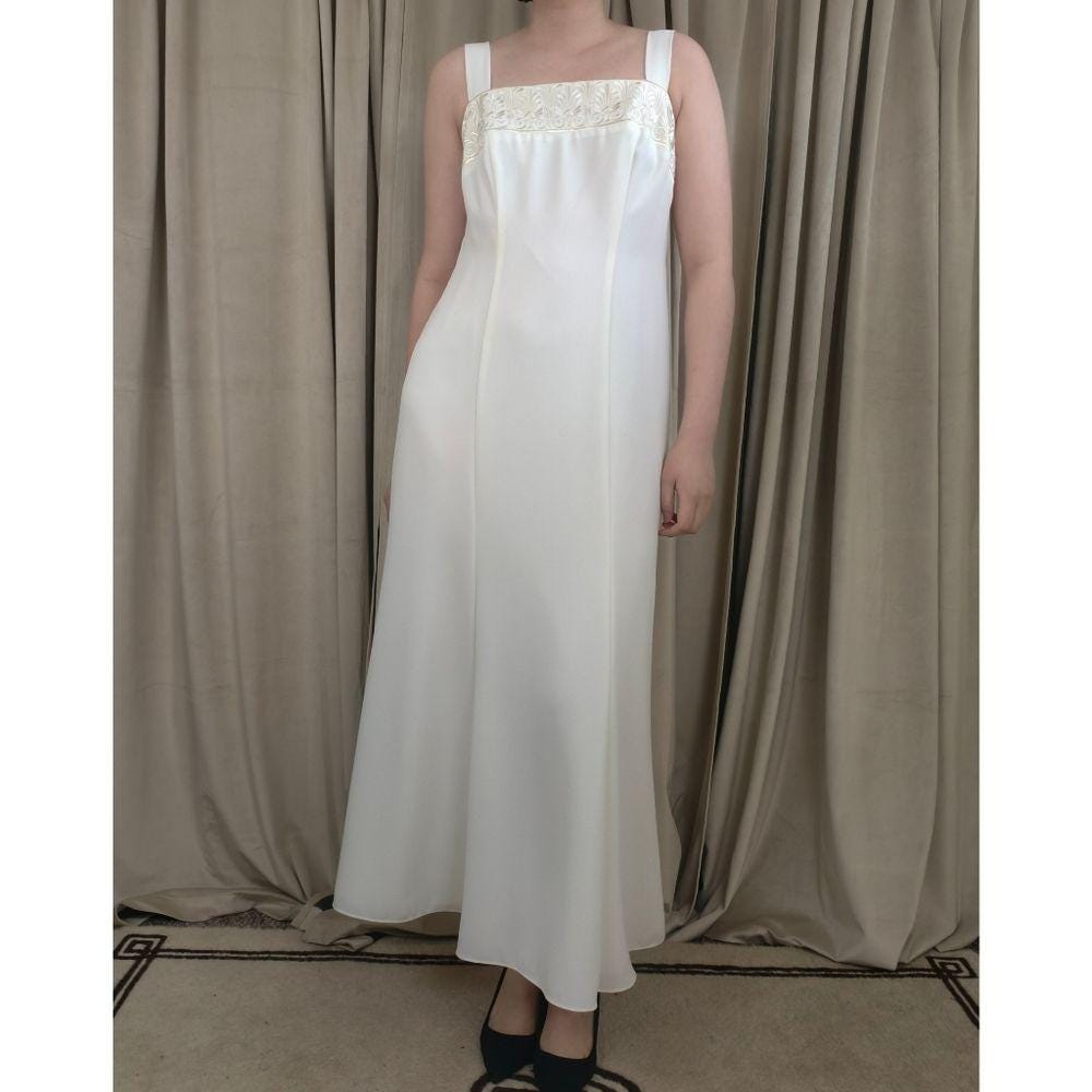 Vintage Ursula Ivory Maxi Dress with Embroidered Detailing