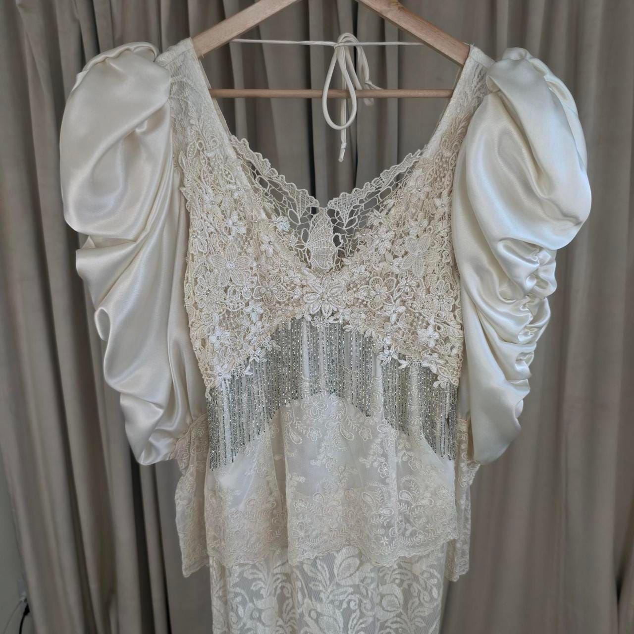 Vintage Cache Boho Cream Satin and Lace Wedding Gown