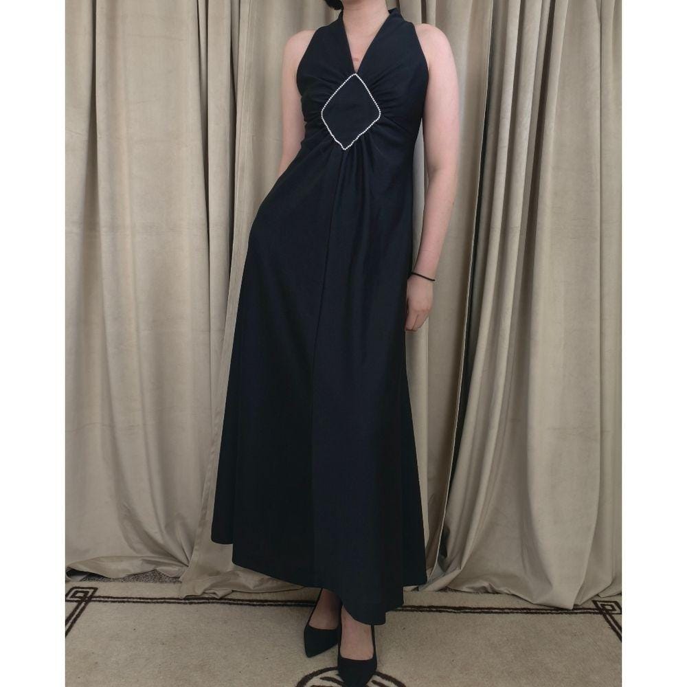 Vintage Black Sleeveless Halter Neck Maxi Dress with Beaded Accent