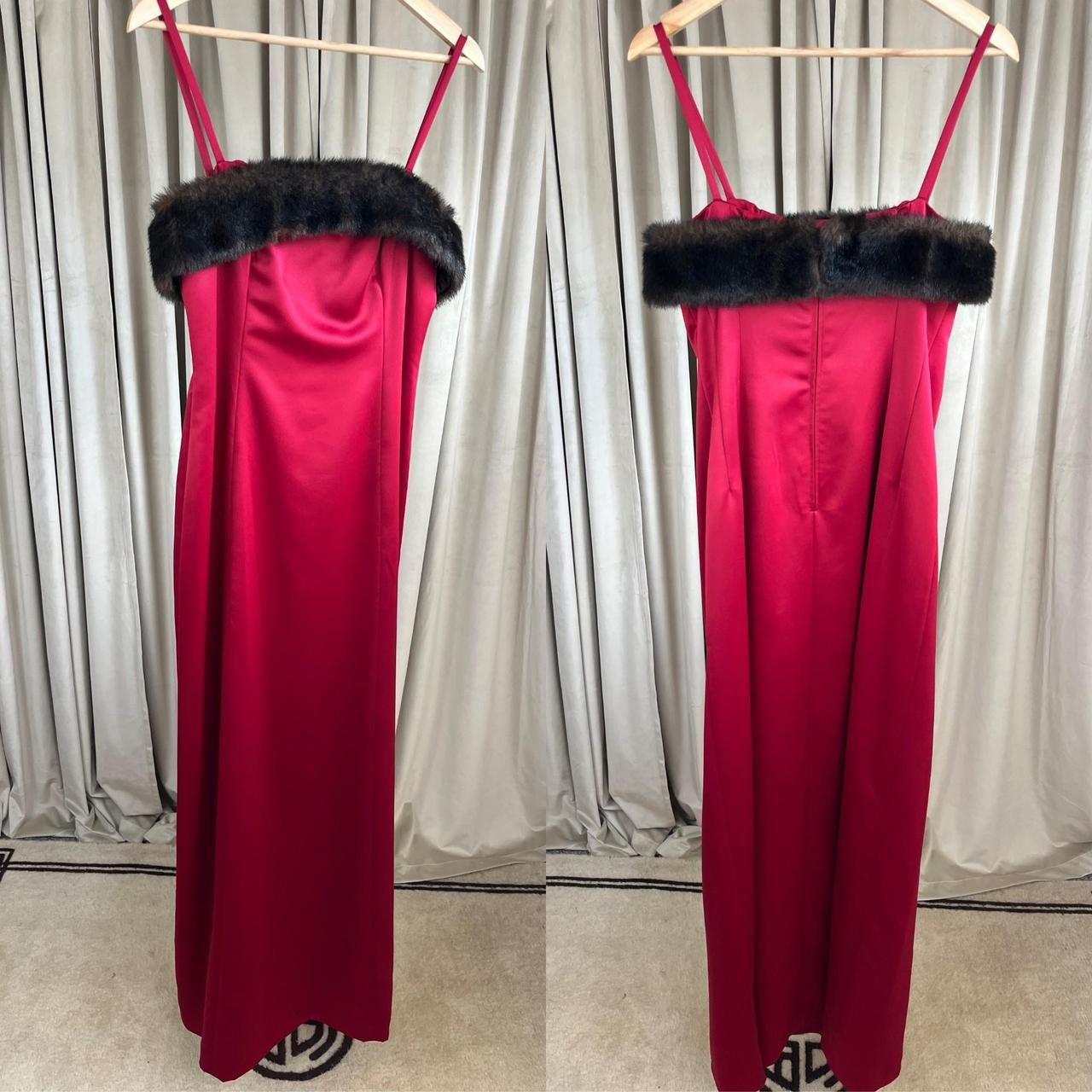 Vintage Donna Morgan Red Satin Maxi dress with Faux Fur Trim