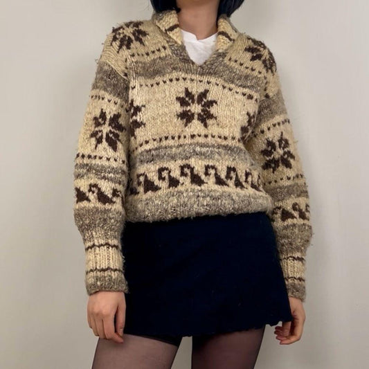 Vintage Cowichan Native Handmade Cable Knit Raw Wool Sweater