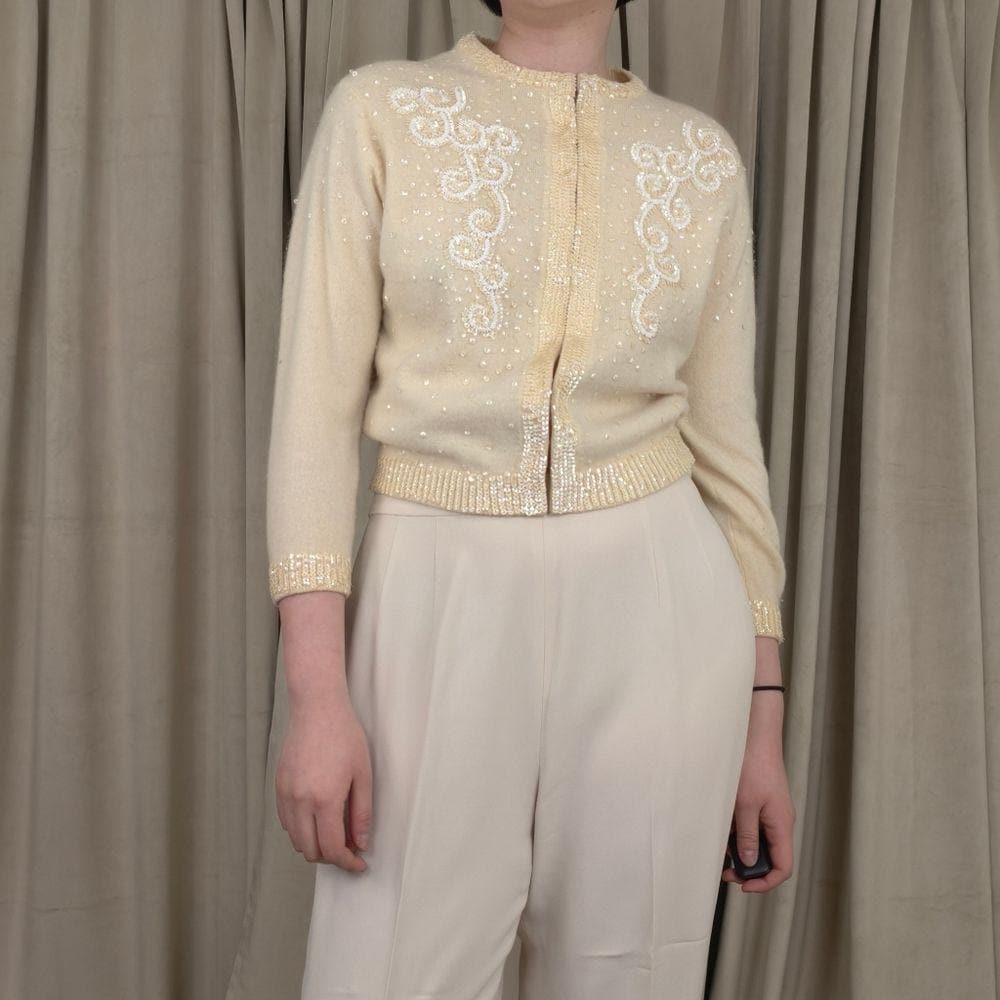 Vintage Wool and Rabbit Hair Cream Cardigan with Sequins Embellishments