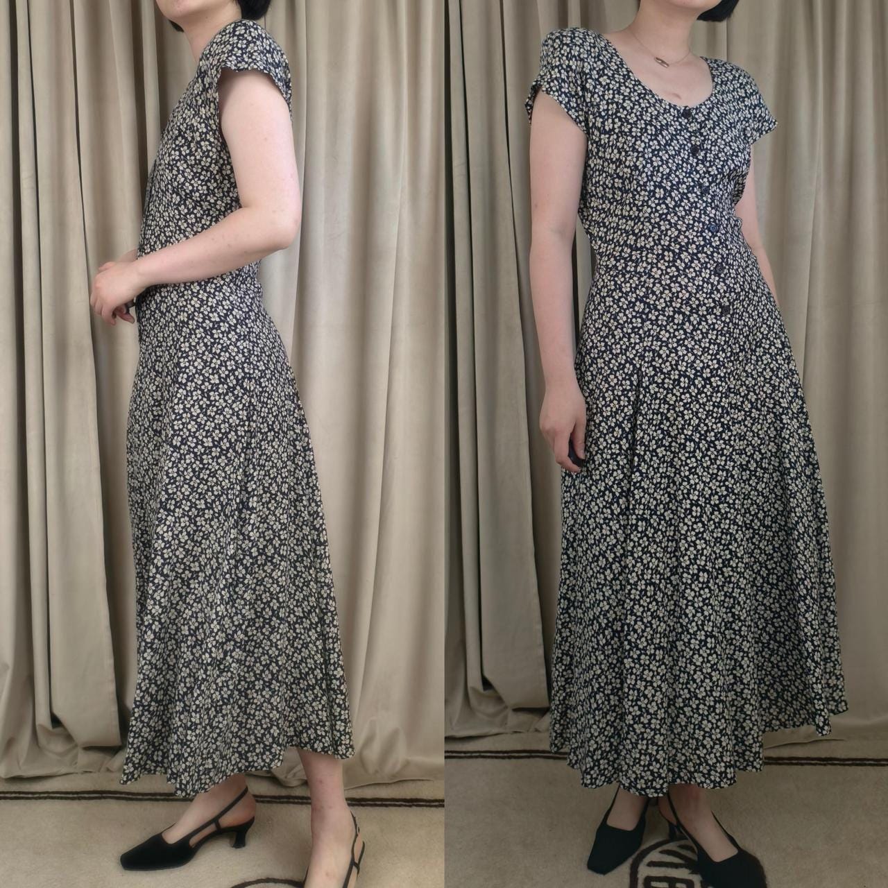 Vintage Starina White and Navy Floral Midi Dress