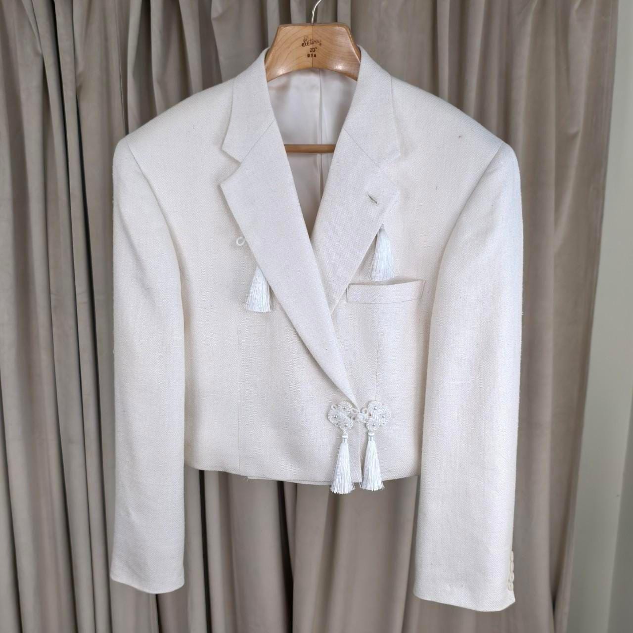 Reworked Vintage White Cropped Blazer Tang Mandarin Jacket
