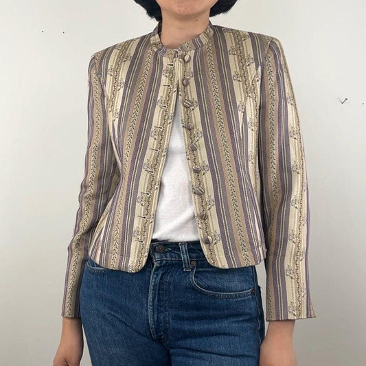 Vintage Rena Rowan Beige and Lavender Cropped Striped Silk Blazer