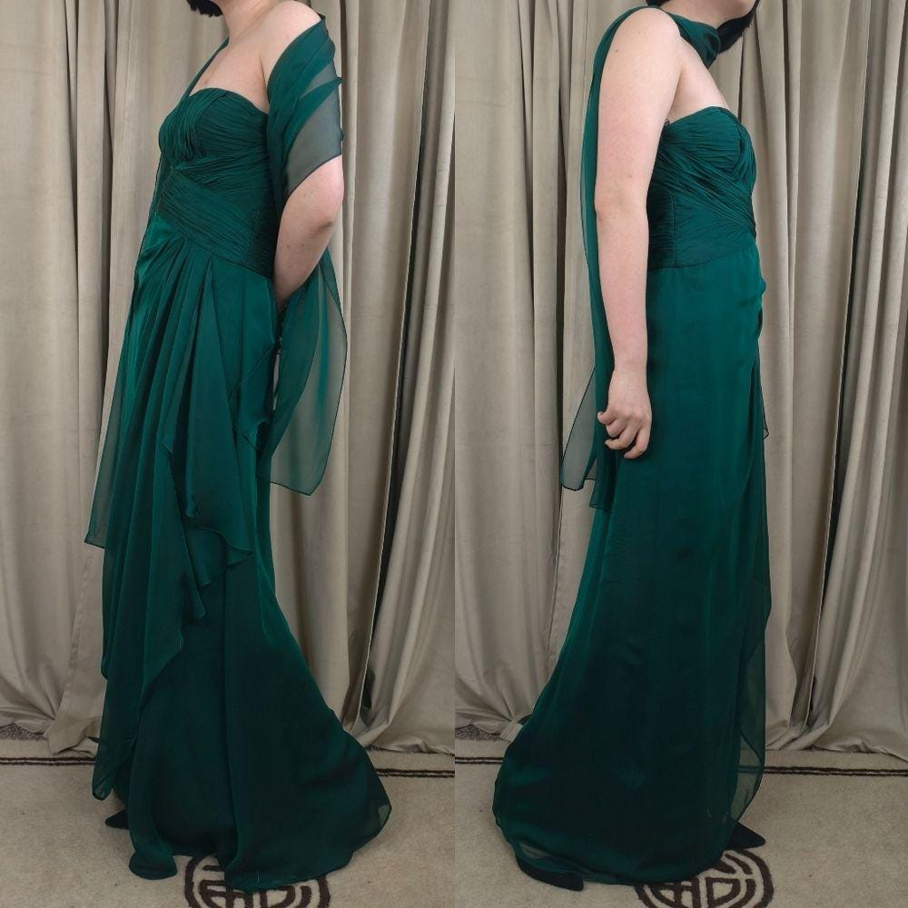 Teri Jon by Rikie Freeman Strapless Green Silk Evening Gown with Sheer Shawl