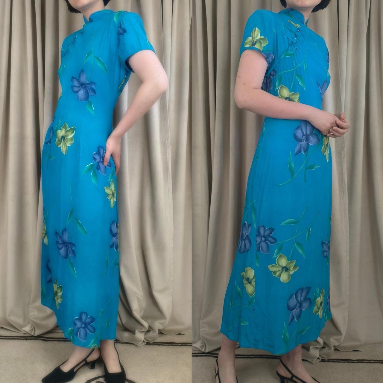 Vintage DJI Blue Floral Rayon Qipao Dress