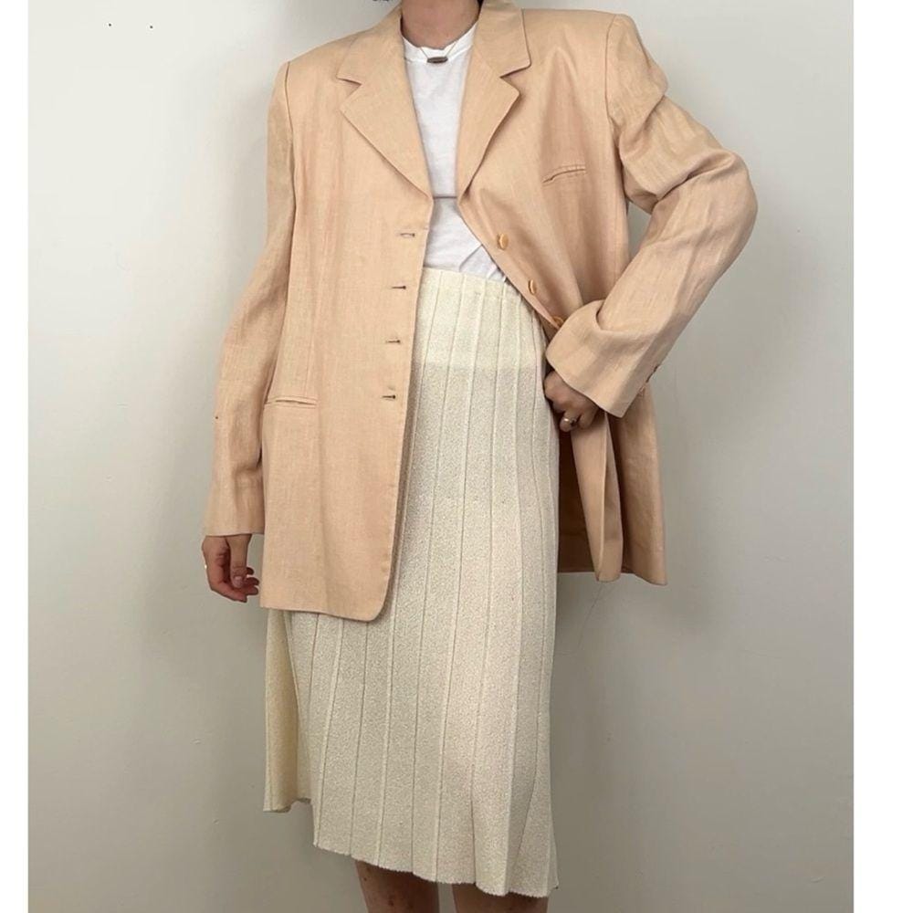 Vintage Ellen Tracy Sparkly Pink/Beige Linen Structured Long Blazer