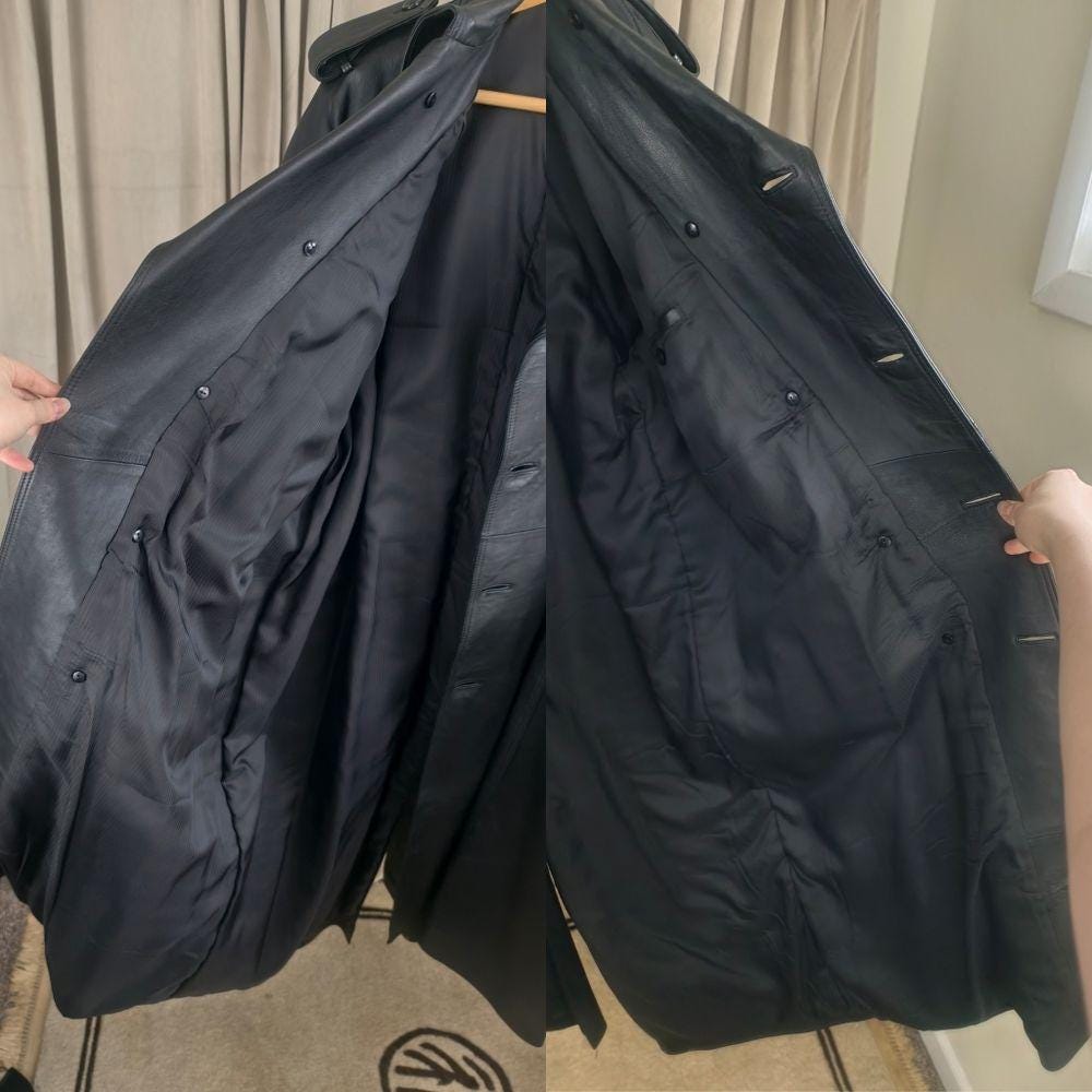Vintage Black Genuine Leather Double Breasted Trench Coat
