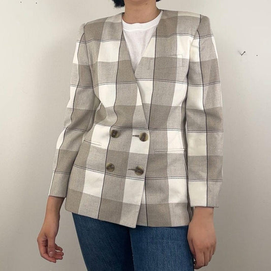 Vintage Casual Corner Plaid Tan and White Double Breasted Linen Blend Blazer