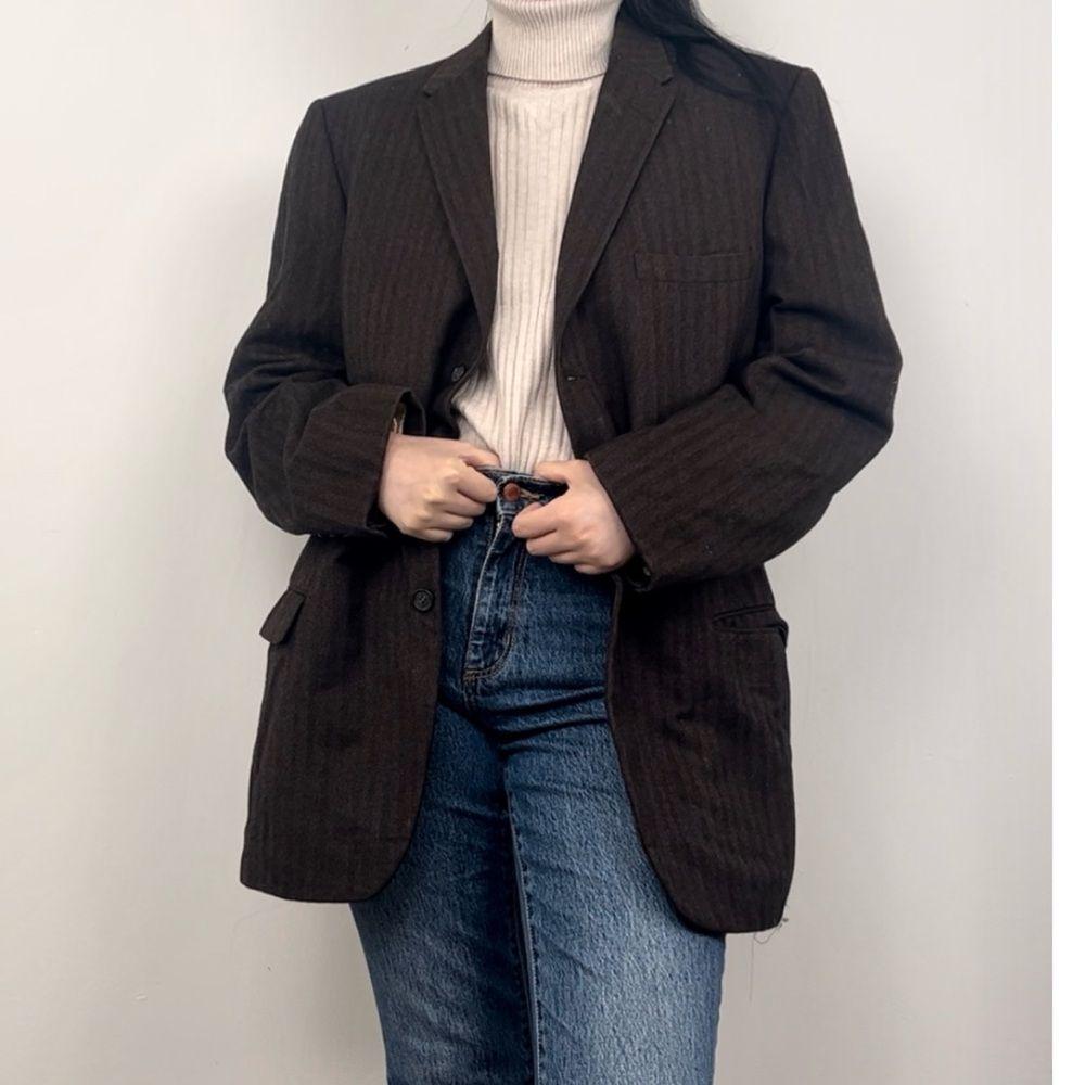 Vintage Brown Striped Wool Cashmere Boyfriend Oversized Blazer