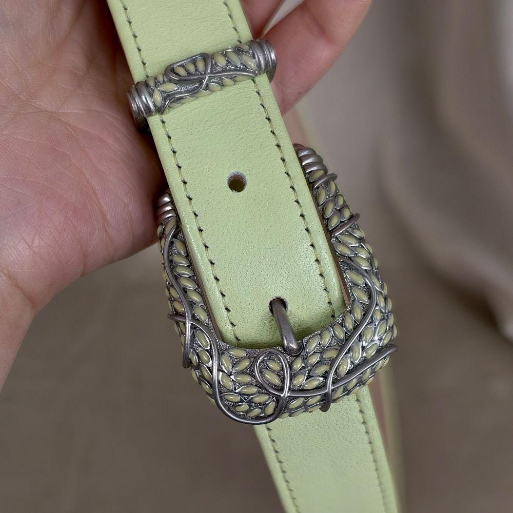 Vintage Carlisle Mint Green Genuine Leather Belt with Ornate Buckle