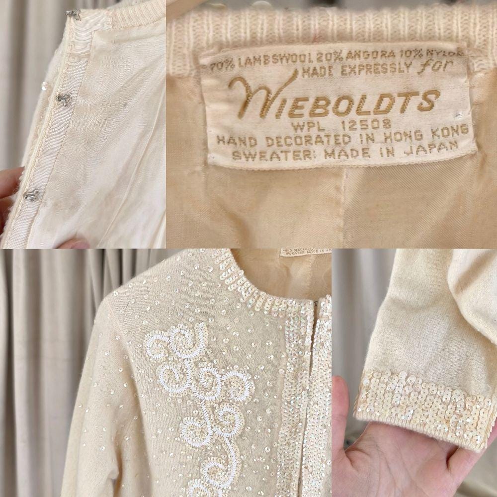 Vintage Wool and Rabbit Hair Cream Cardigan with Sequins Embellishments