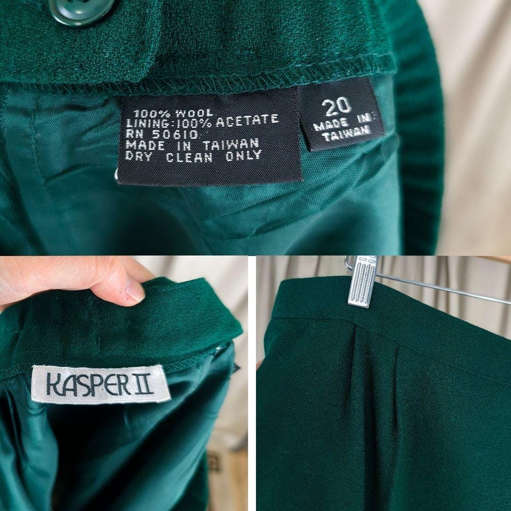 Vintage Kasper Green Wool Skirt and Blazer Suit with Gold Accents