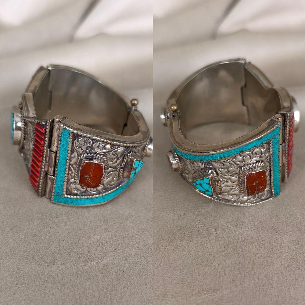 Antique Handmade Tibetan Turquoise and Red Coral Sterling Silver Bracelet