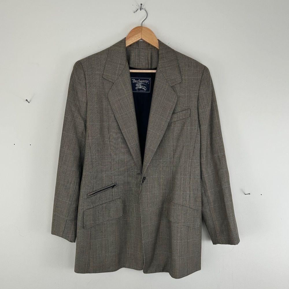 Vintage Burberry Plaid Tan Grey Wool Silk Blazer