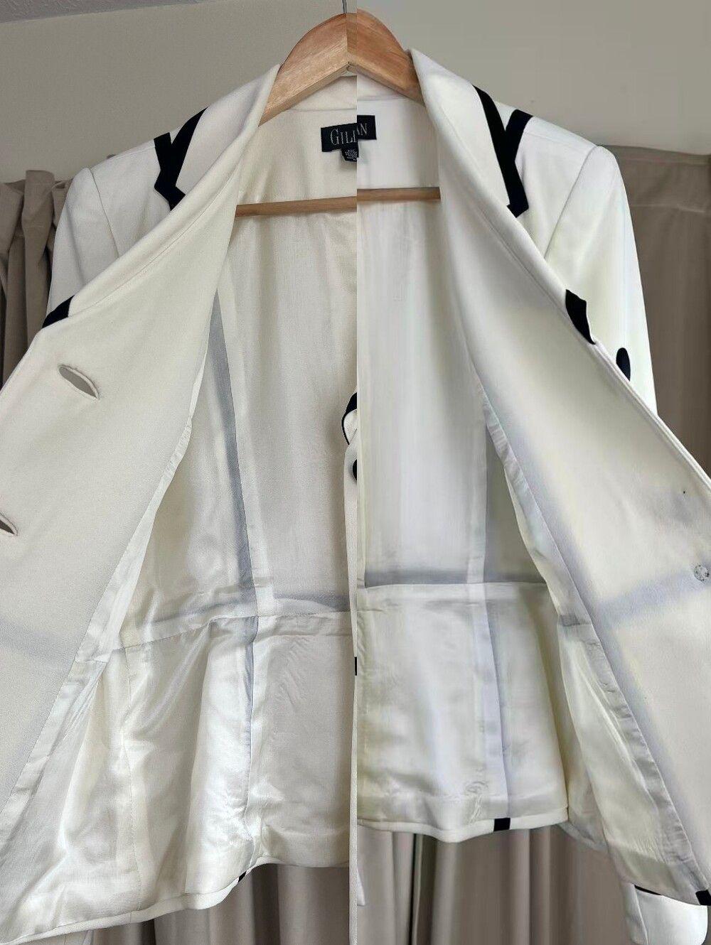 Vintage Gillian White Blazer with Black Trim and Black Pleated Skirt