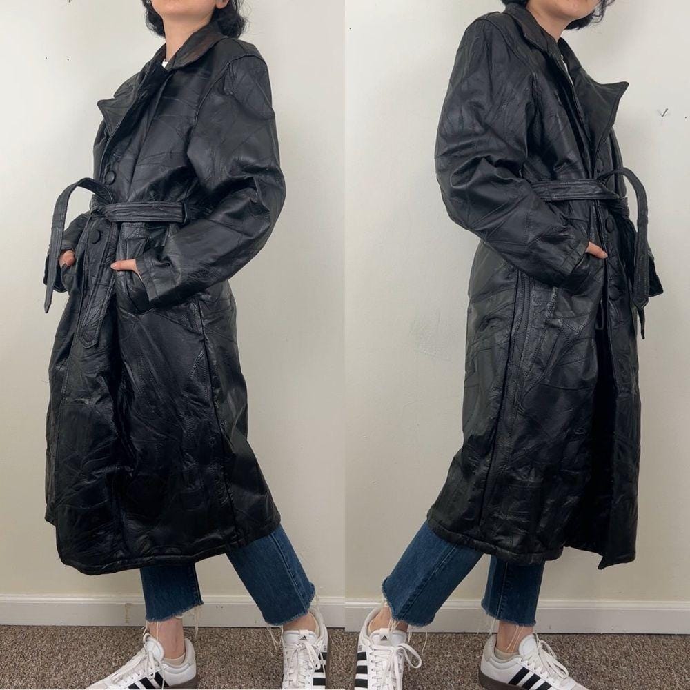 Vintage Black Patchwork Leather Trench Coat with Belt