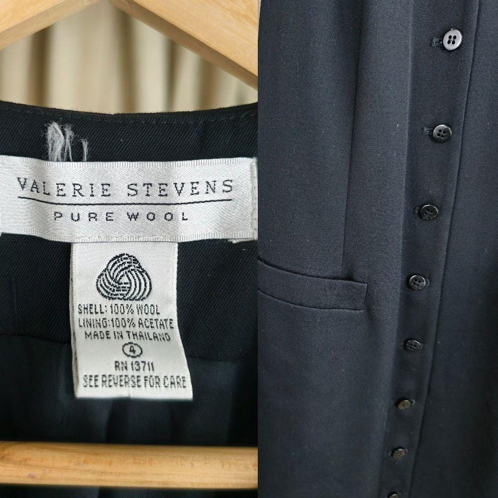 Vintage Valerie Stevens Black Wool Button-Down Sleeveless Vest Dress