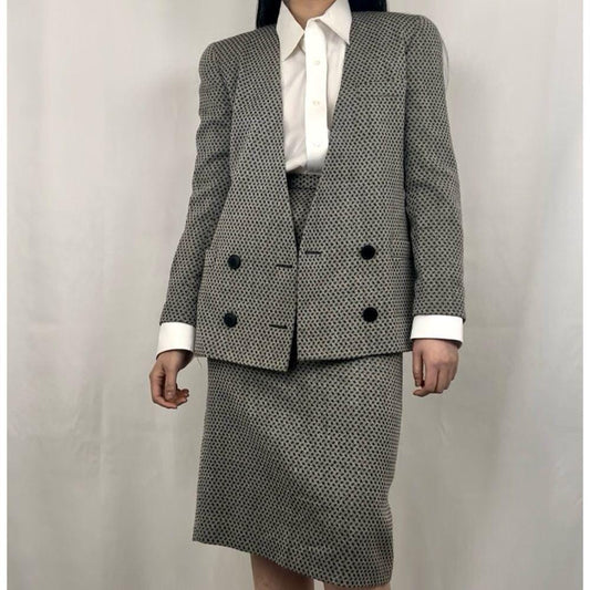 Vintage 80s 90s Christian Dior 100% Wool Monochrome Plaid Skirt Suit Set