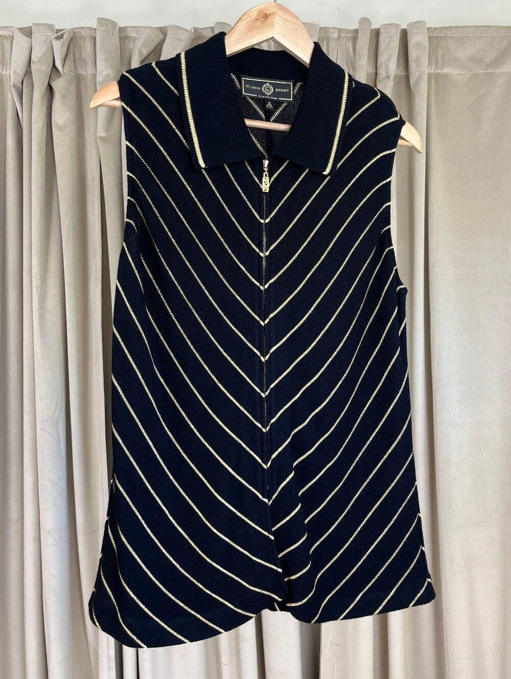 Vintage St John Sport Sleeveless Black Polo Sweater Vest with Gold Stripes