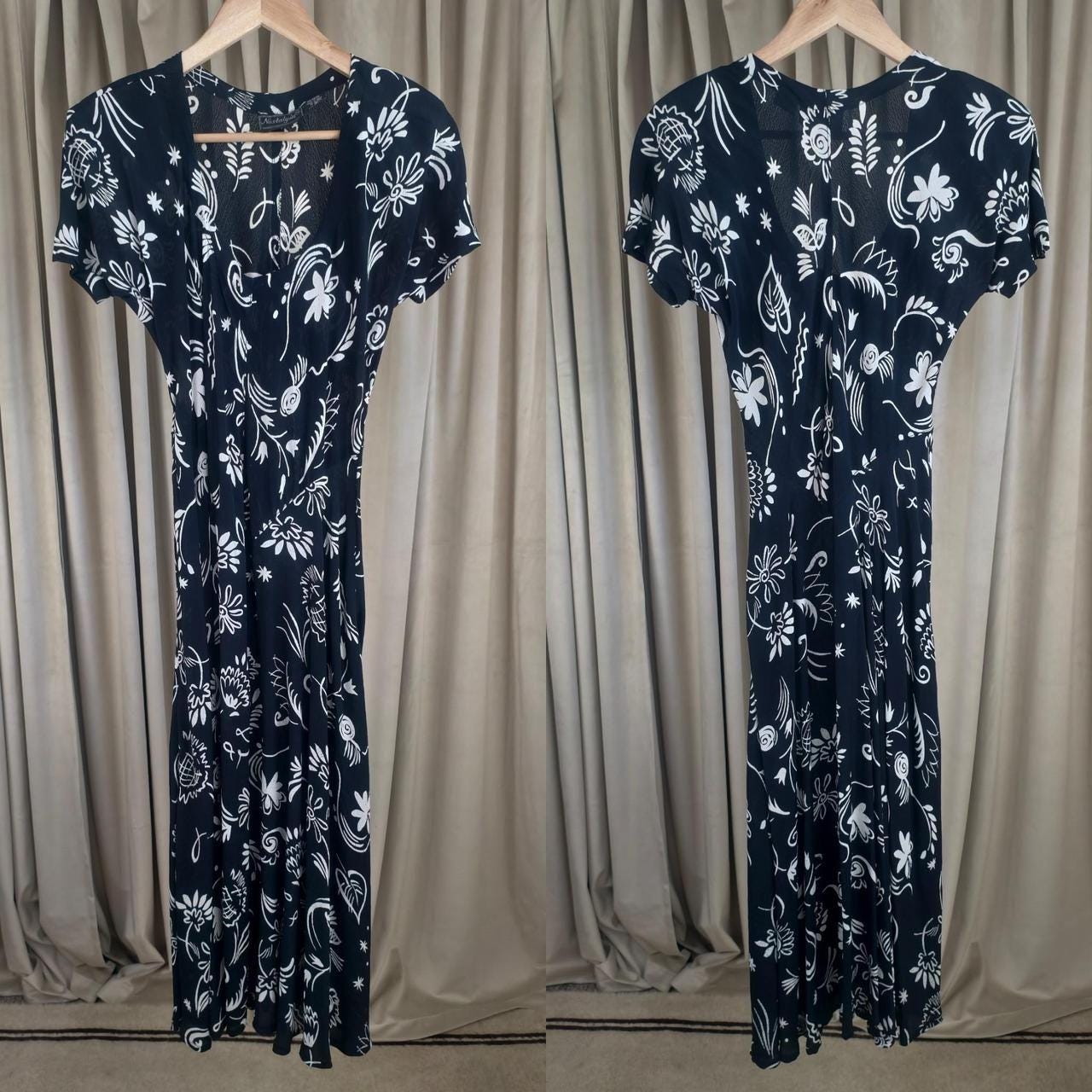Vintage Nostalgia Black and White Doodle Floral Summer Dress