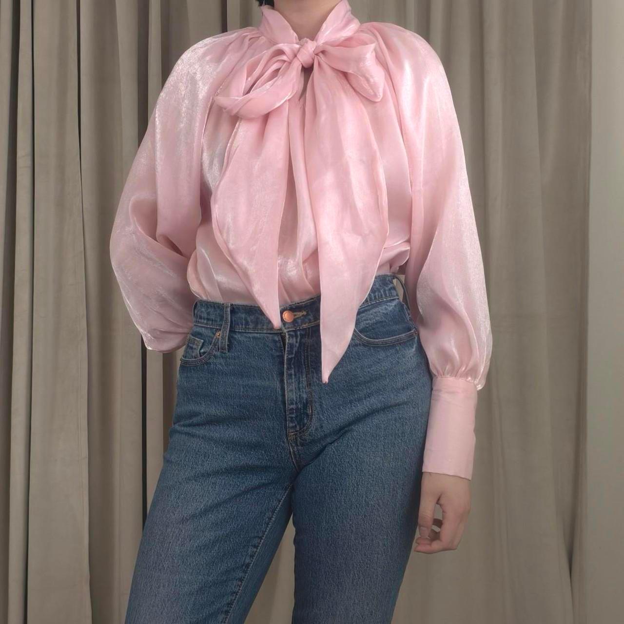 Vintage Pink Luminescent Blouse with Tie Neck and Puffy Sleeves