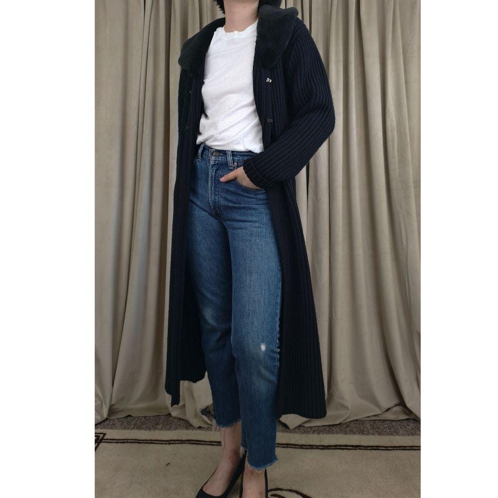 Yuka Chunky Black Long Cardigan with Faux Fur Collar