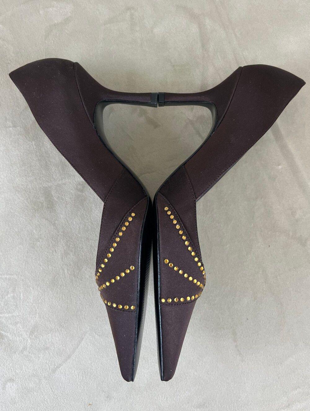 Vintage Mina Dark Brown Women's Pointed Toe Studded Satin Pumps