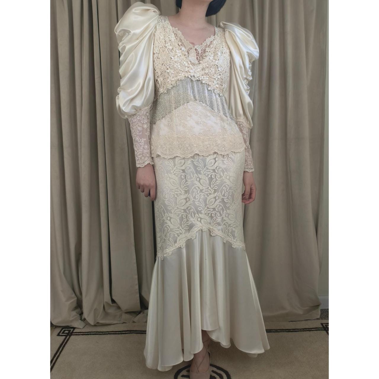 Vintage Cache Boho Cream Satin and Lace Wedding Gown