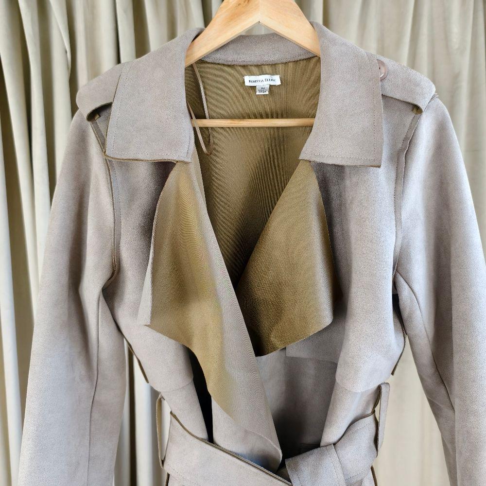 Vintage Beige Tan Two-Tone Faux Suede Belted Trench Coat