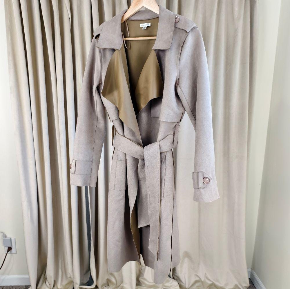 Vintage Beige Tan Two-Tone Faux Suede Belted Trench Coat