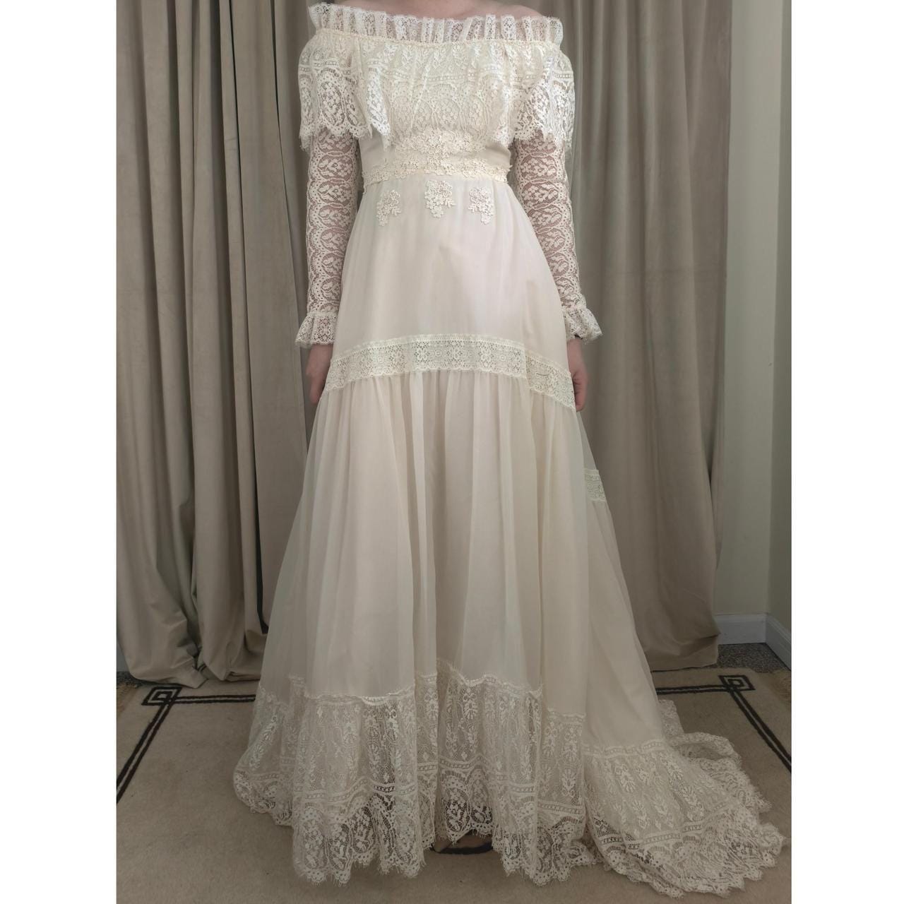 Vintage Victorian Lace Off-the-Shoulder Wedding Gown