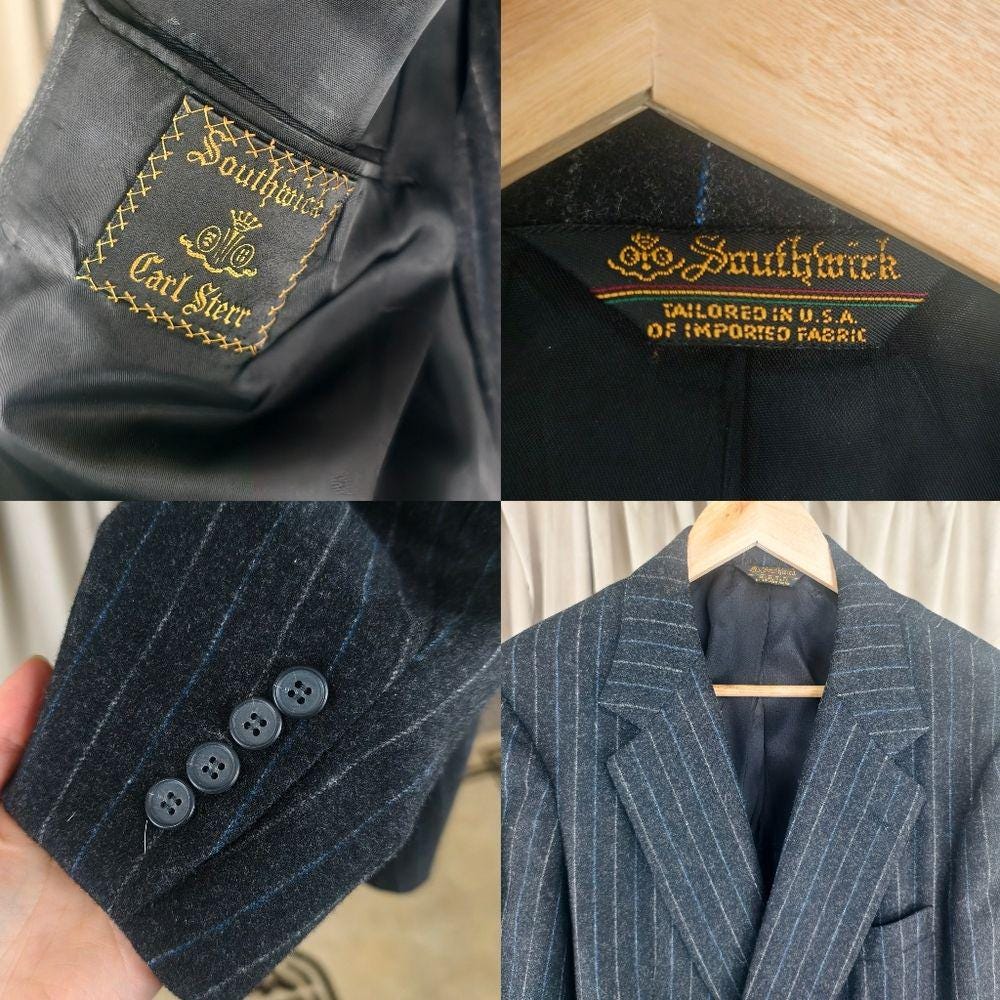 Vintage Southwick Black Charcoal Pinstripe Wool Boyfriend Men's Pant Suit