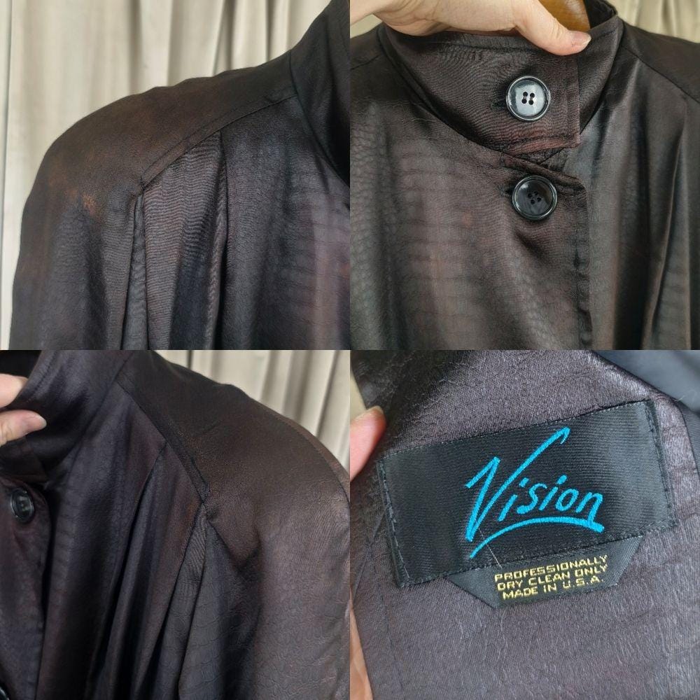 Vintage Long Black Satin Snakeskin Pattern Trench Coat