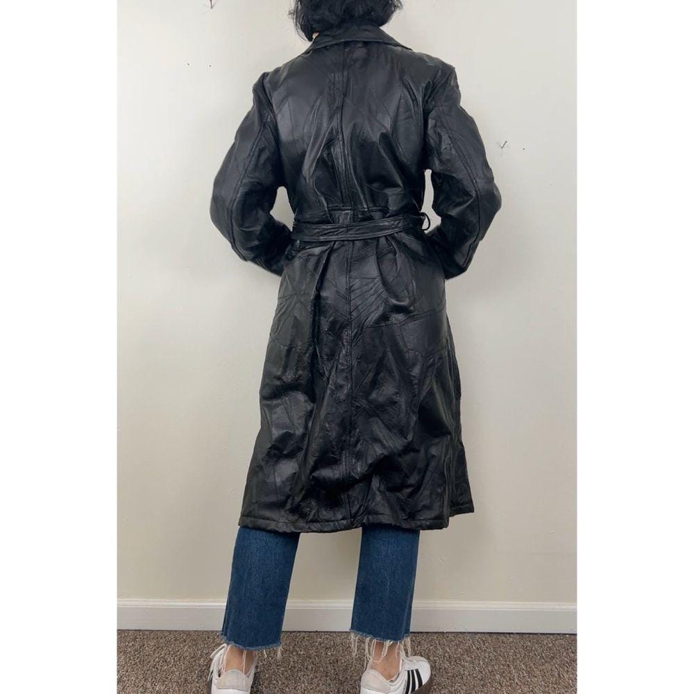 Vintage Black Patchwork Leather Trench Coat with Belt