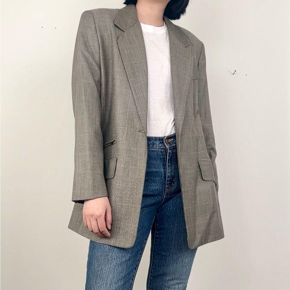 Vintage Burberry Plaid Tan Grey Wool Silk Blazer