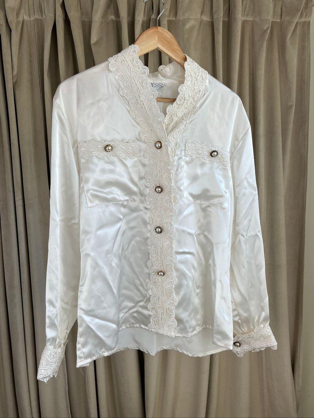 Vintage Tess White Satin Blouse with Lace Detailing