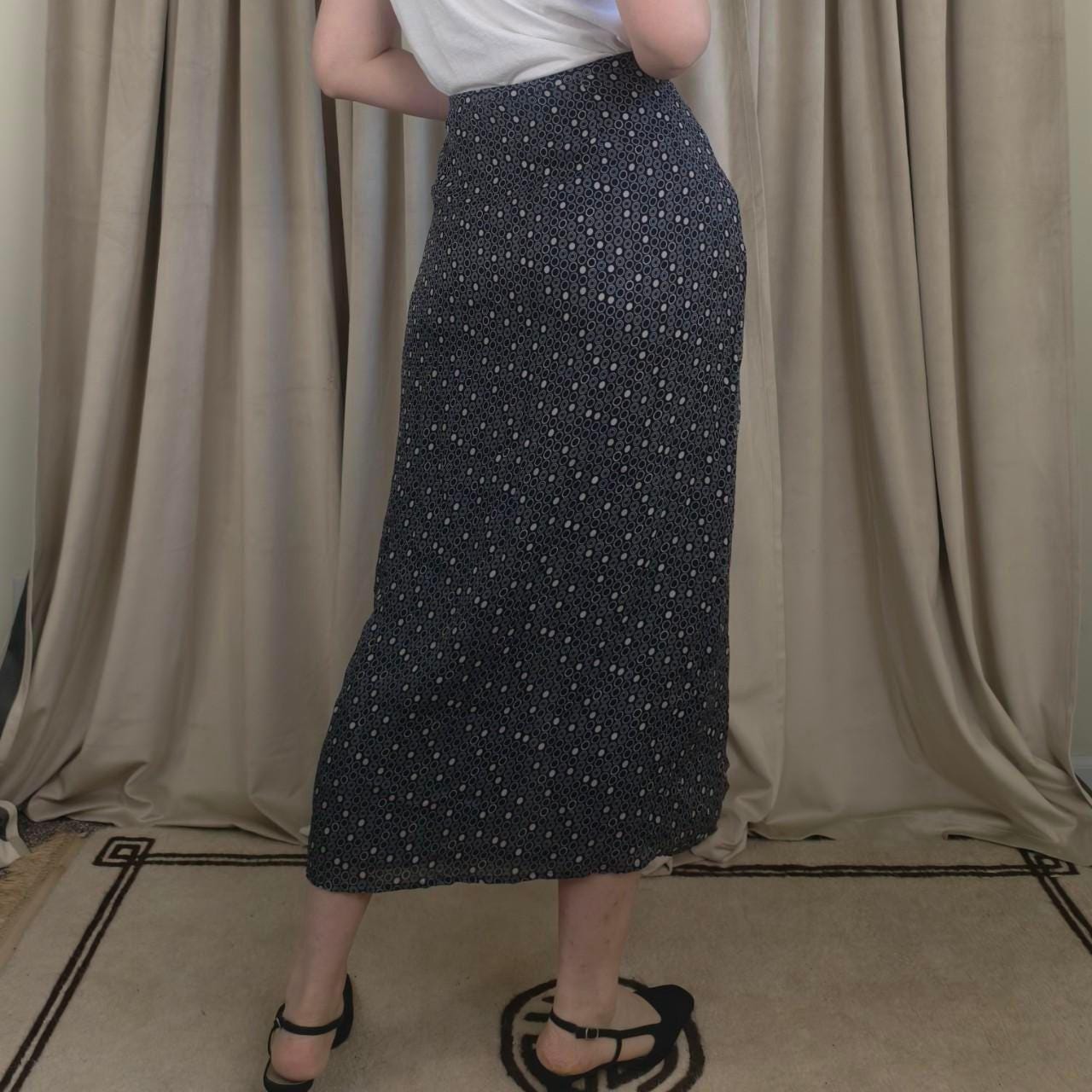 Vintage Merona Monochrome Black Midi Skirt with White Polka Dots