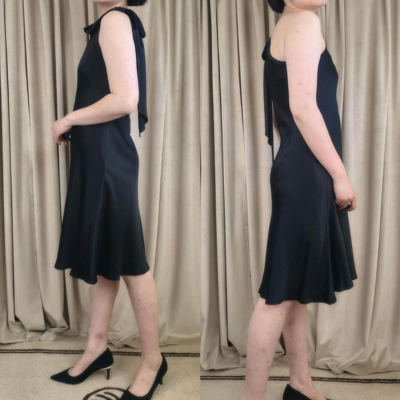Ann Taylor Black Silk One Shoulder Midi Dress with Bow