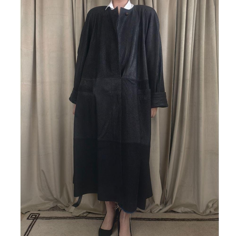 Vintage Mario Valentino Black Full Length Leather Trench Coat Dress
