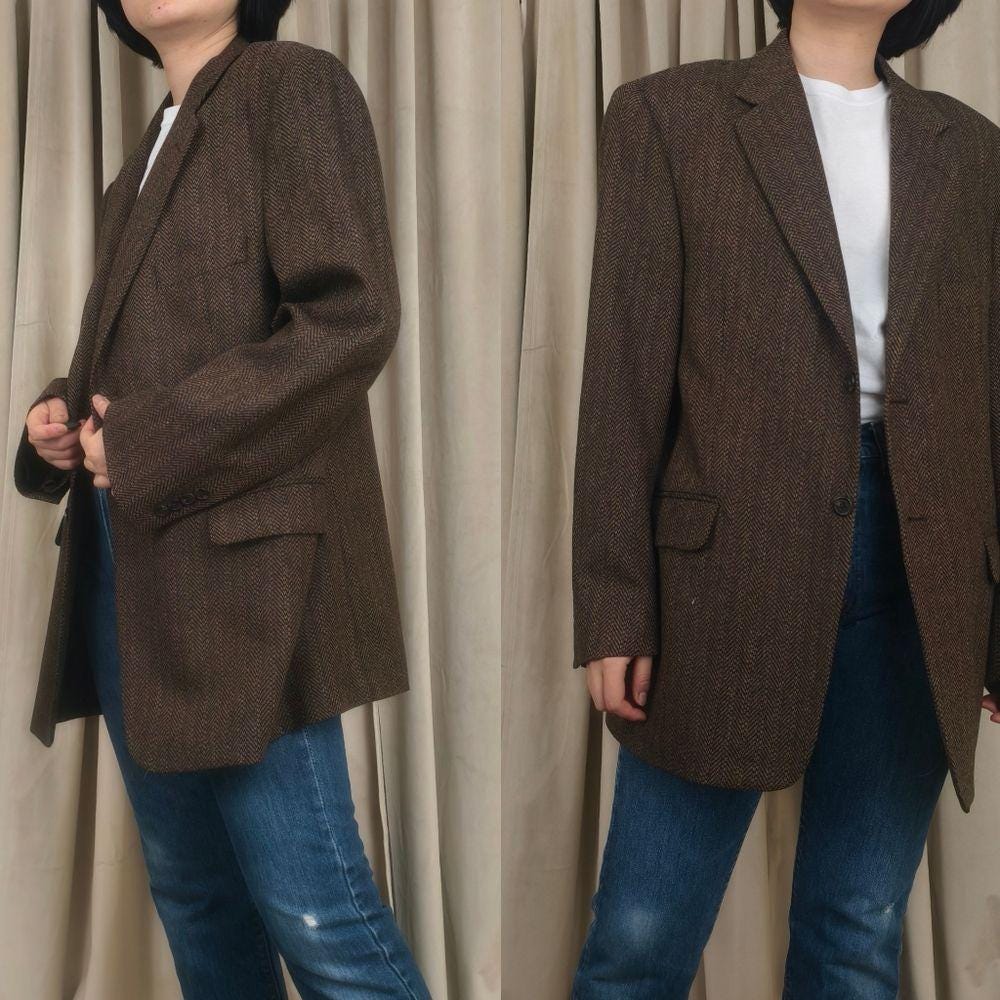 Vintage Wool Brown Tweed Oversized Boyfriend Blazer