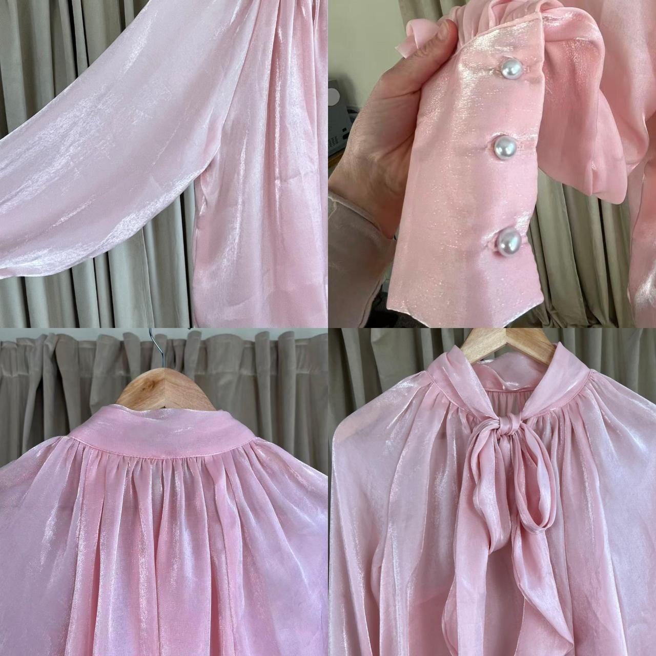 Vintage Pink Luminescent Blouse with Tie Neck and Puffy Sleeves